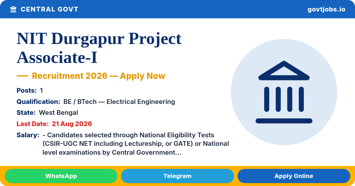 NIT Durgapur Project Associate-I Recruitment 2026 — 1 Post, Apply by 21 Aug (West Bengal)
