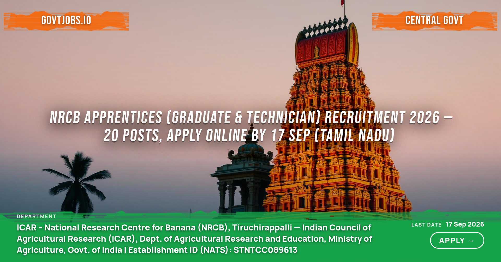 NRCB Apprentices (Graduate & Technician) Recruitment 2026 — 20 Posts, Apply Online by 17 Sep (Tamil Nadu)