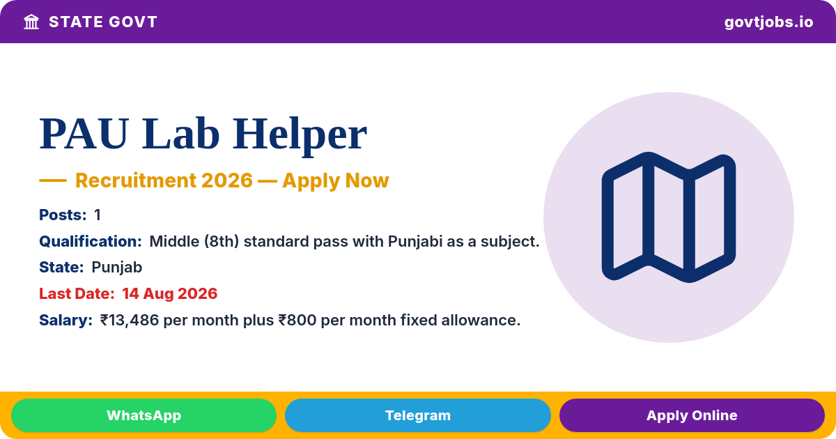 PAU Lab Helper Recruitment 2026 — 1 Post, Apply Offline by 14 August (Punjab)