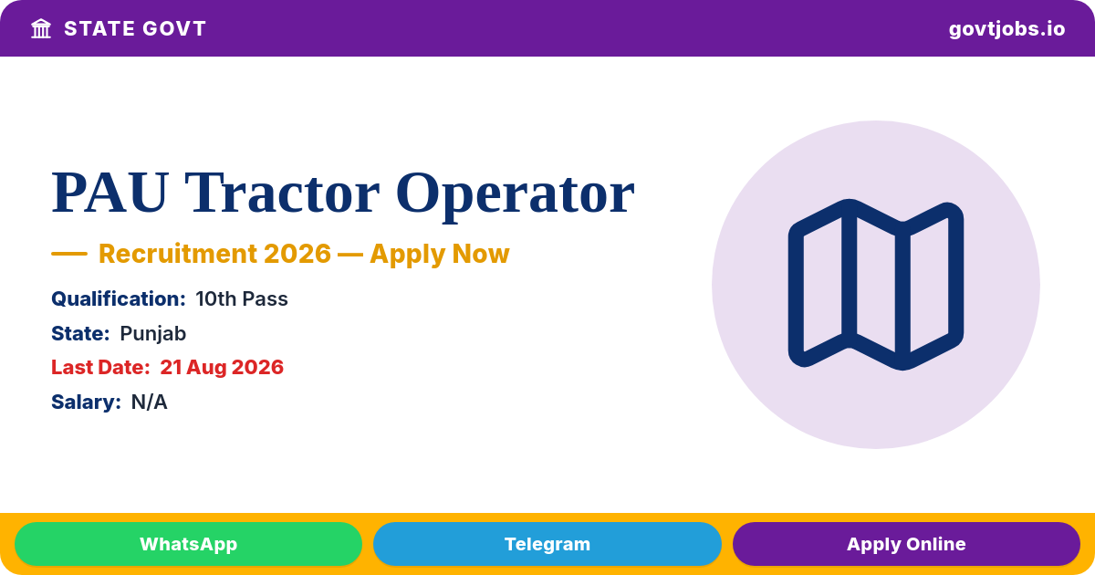 PAU Tractor Operator Recruitment 2026 — Apply by 21 Aug
