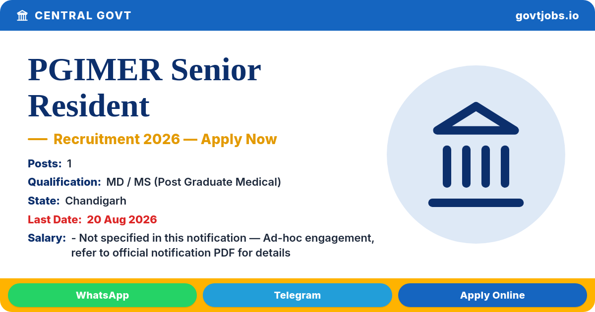 PGIMER Senior Resident (ENT) Recruitment 2026 — 1 Post, Apply by 20 Aug, Walk-in 24 Aug