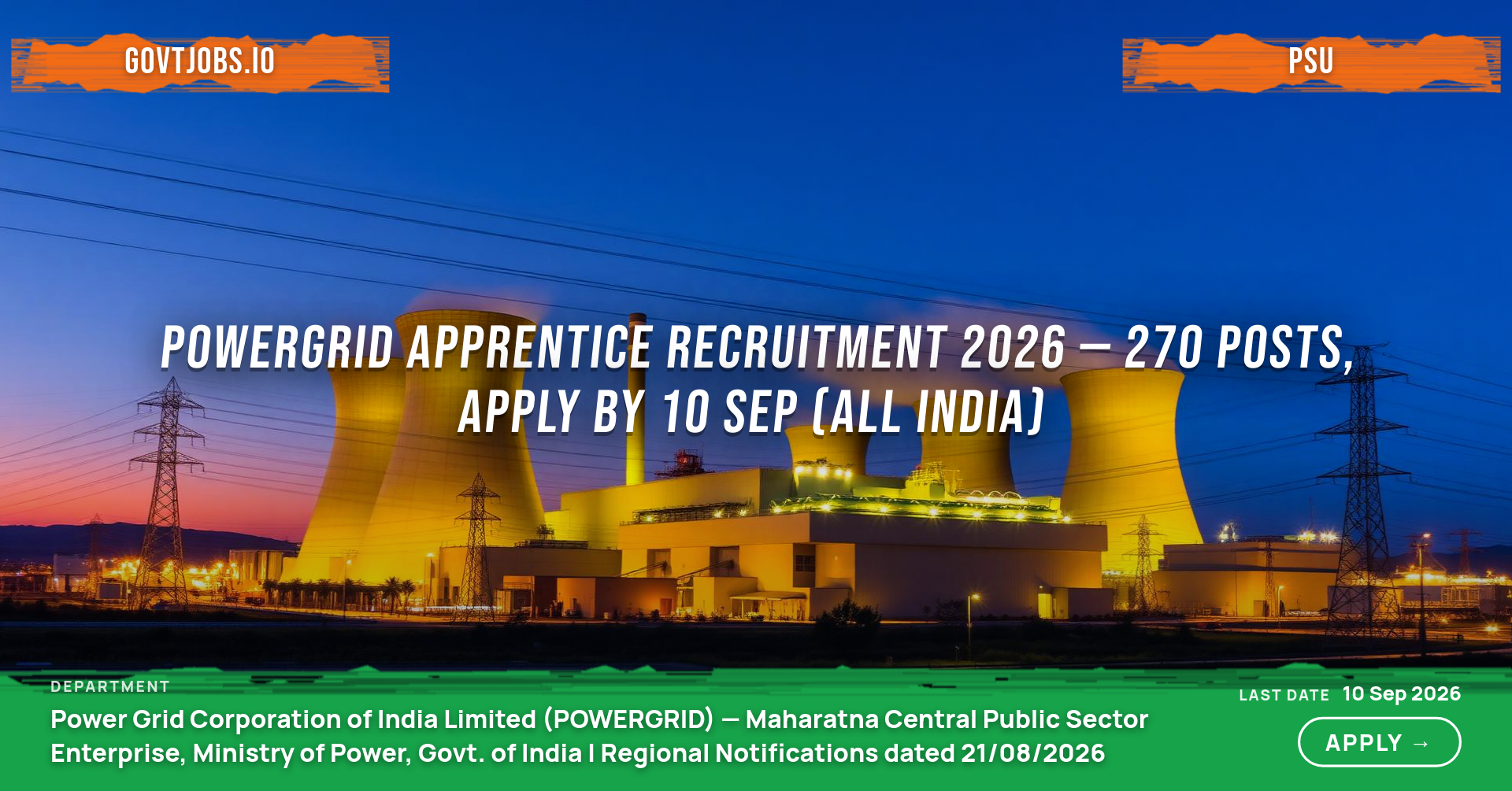 POWERGRID Apprentice Recruitment 2026 — 270 Posts, Apply by 10 Sep (All India)