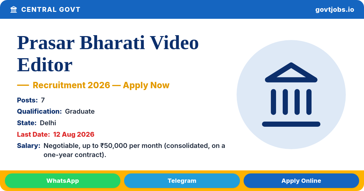 Prasar Bharati Video Editor Recruitment 2026 — 7 Posts, Apply Online by 12 August (Delhi)