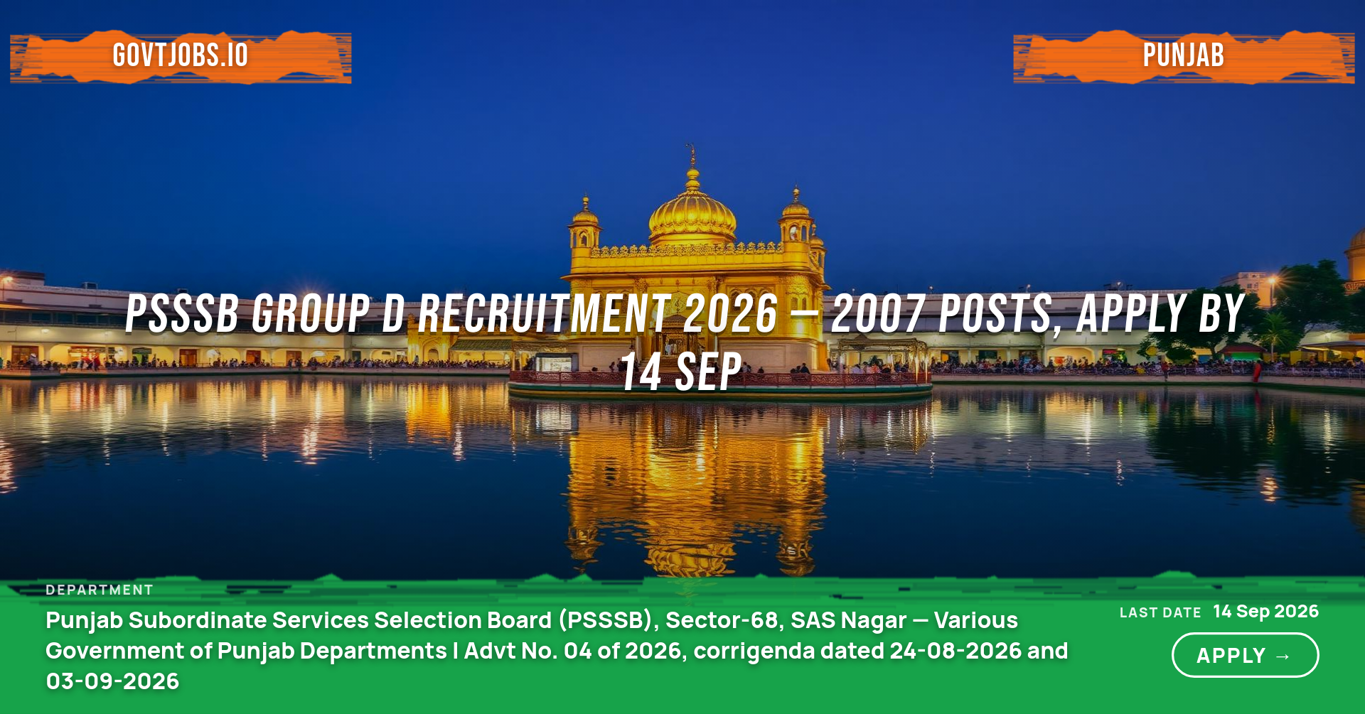 PSSSB Group D Recruitment 2026 — 2007 Posts, Apply by 14 Sep