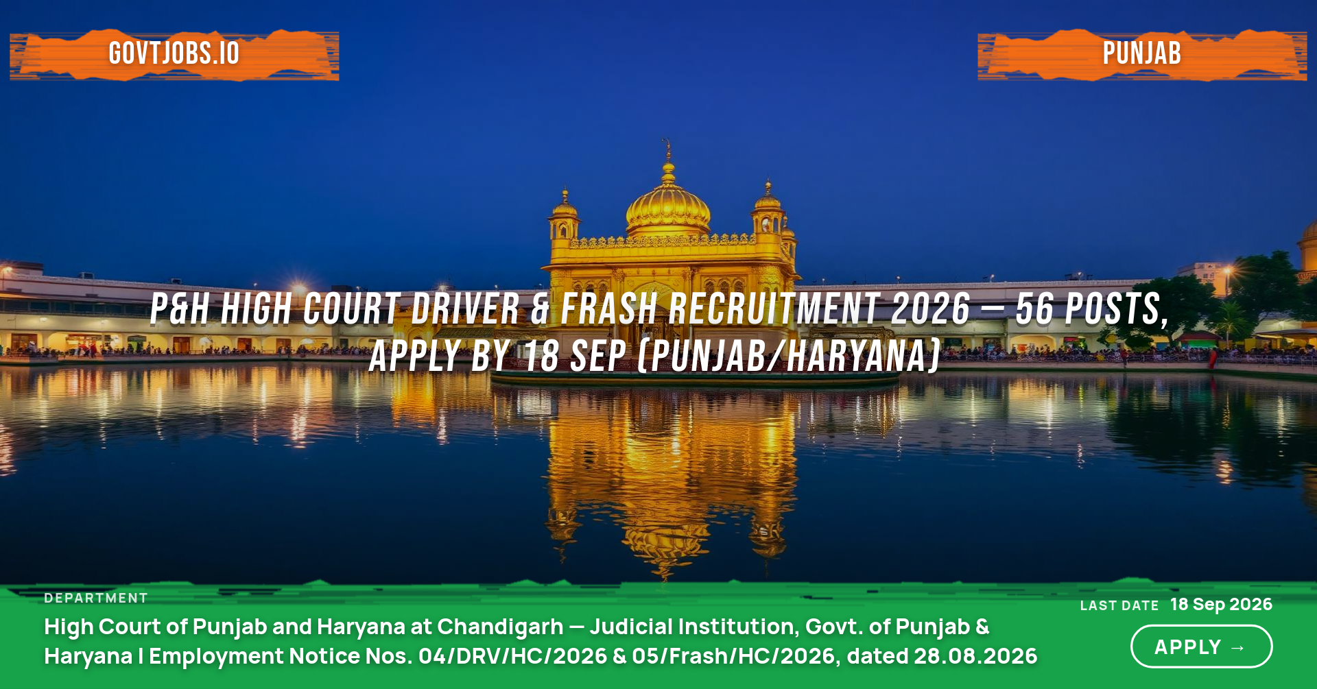 P&H High Court Driver & Frash Recruitment 2026 — 56 Posts, Apply by 18 Sep (Punjab/Haryana)