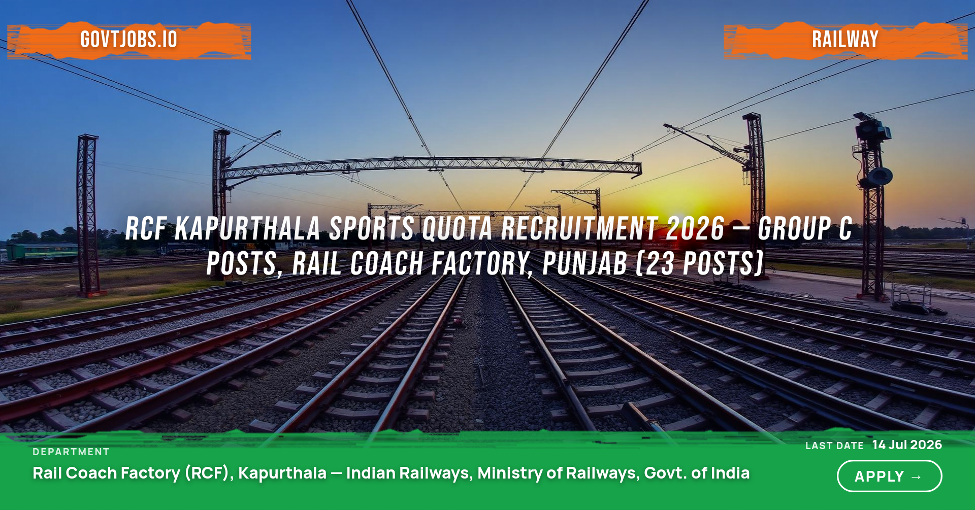 RCF Kapurthala Sports Quota Recruitment 2026 — Group C Posts, Rail Coach Factory, Punjab (23 Posts)