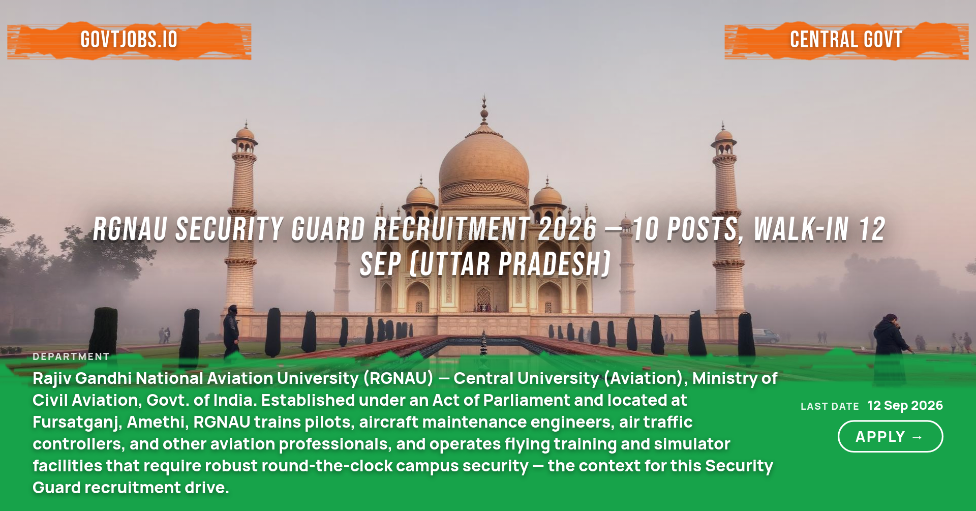 RGNAU Security Guard Recruitment 2026 — 10 Posts, Walk-in 12 Sep (Uttar Pradesh)