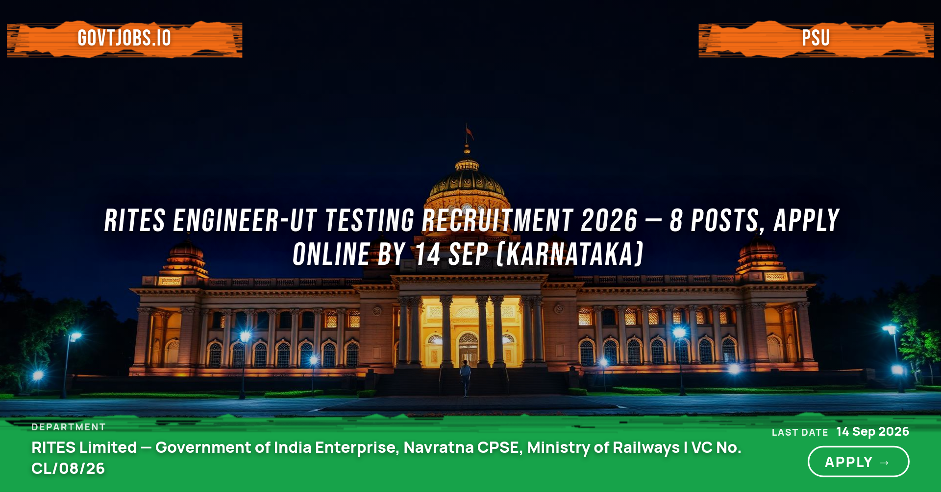RITES Engineer-UT Testing Recruitment 2026 — 8 Posts, Apply Online by 14 Sep (Karnataka)