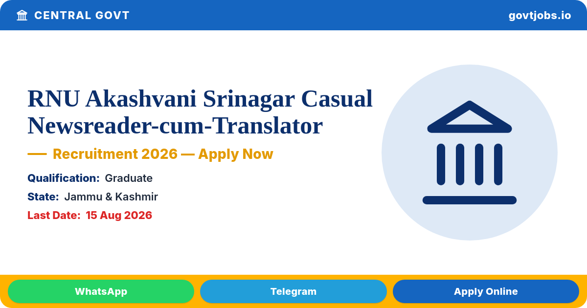 RNU Akashvani Srinagar Casual Newsreader-cum-Translator (Balti) Recruitment 2026 — Apply by 15 Aug (J&K)