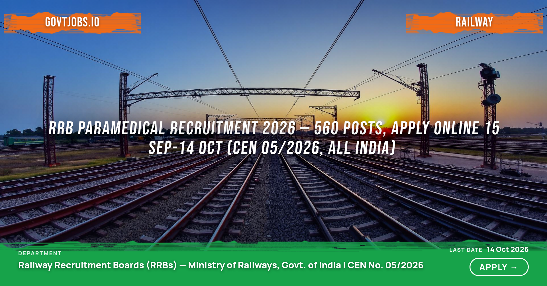 RRB Paramedical Recruitment 2026 — 560 Posts, Apply Online 15 Sep-14 Oct (CEN 05/2026, All India)