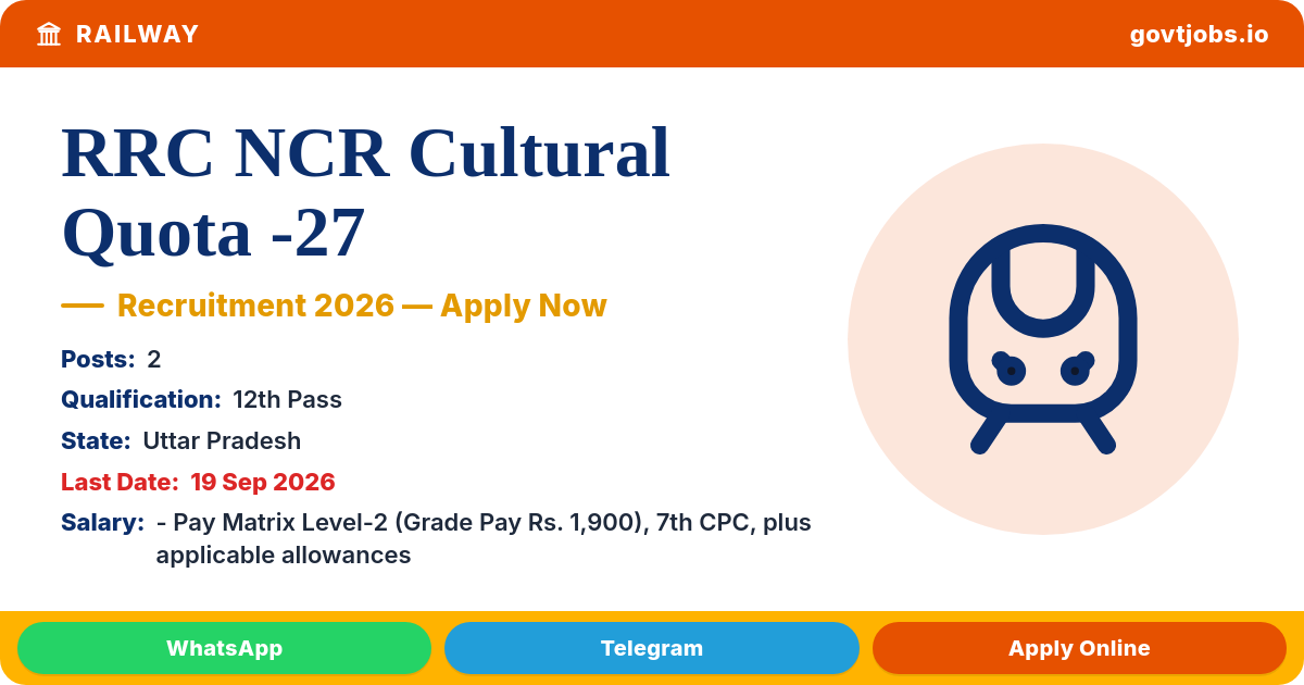 RRC NCR Cultural Quota Recruitment 2026-27 — 2 Posts (Sitar/Tabla), Apply by 19 Sep