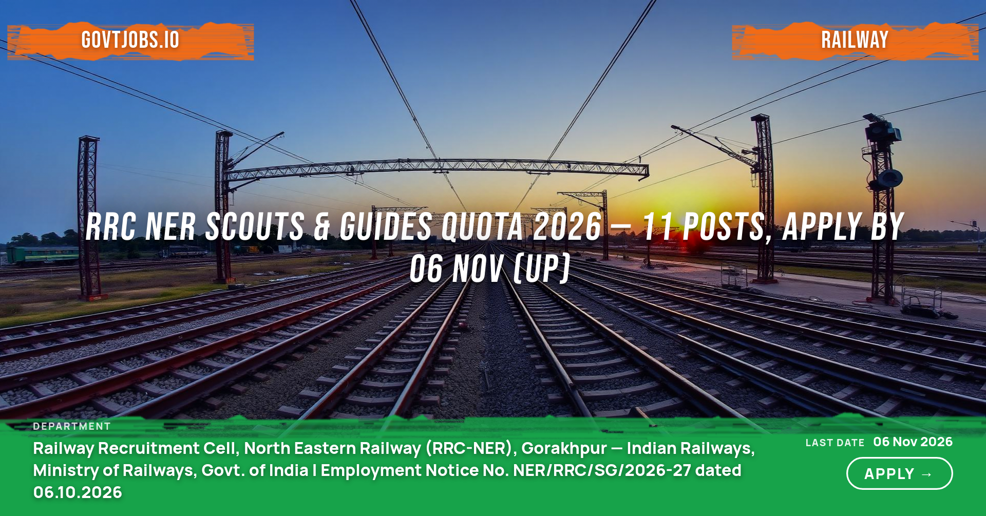 RRC NER Scouts & Guides Quota 2026 — 11 Posts, Apply by 06 Nov (UP)