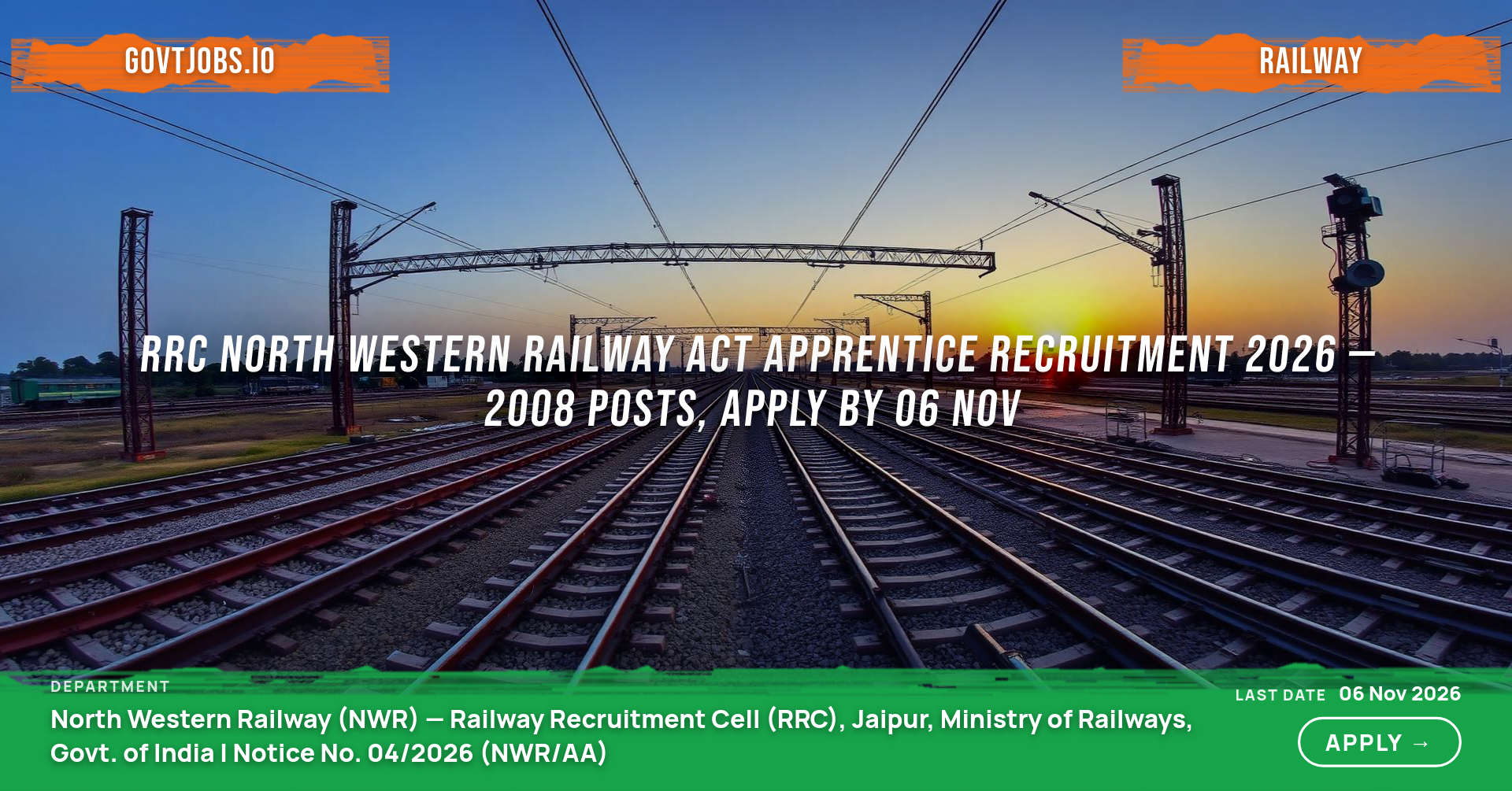 RRC North Western Railway Act Apprentice Recruitment 2026 — 2008 Posts, Apply by 06 Nov