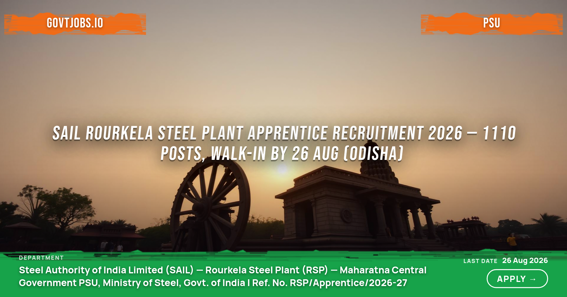SAIL Rourkela Steel Plant Apprentice Recruitment 2026 — 1110 Posts, Walk-in by 26 Aug (Odisha)