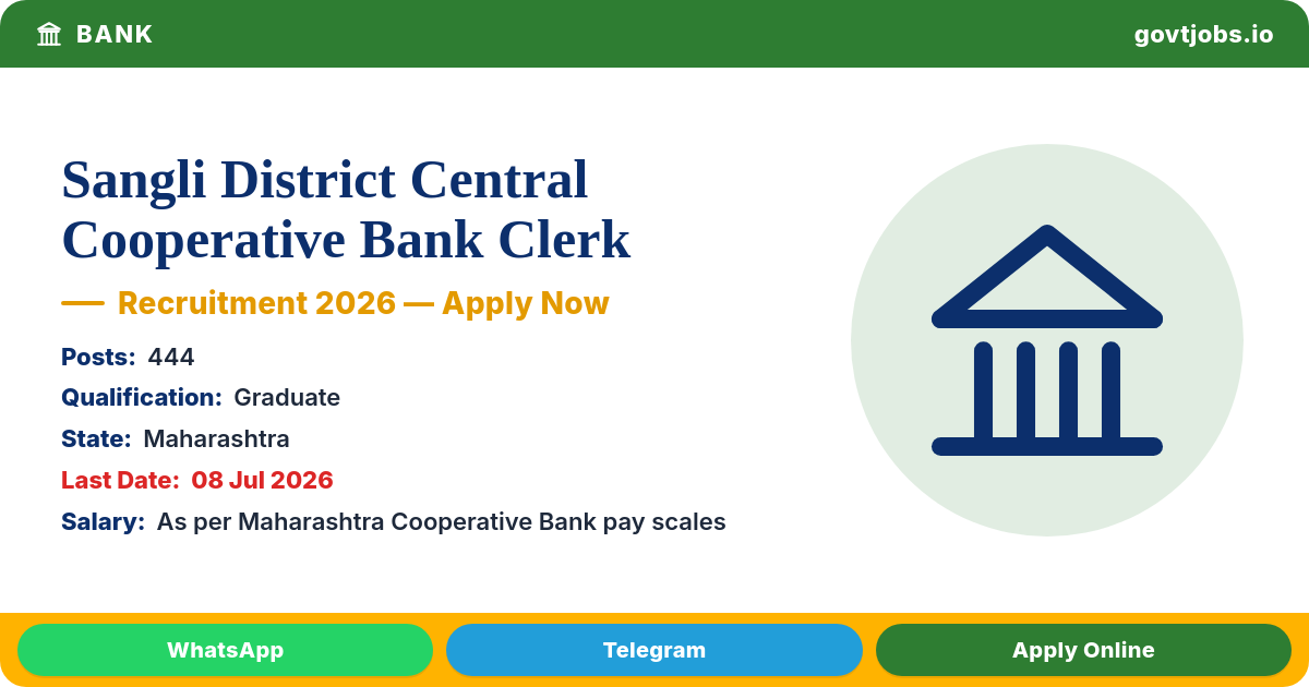Sangli District Central Cooperative Bank Clerk 2026 — Junior Assistant (444 Posts)