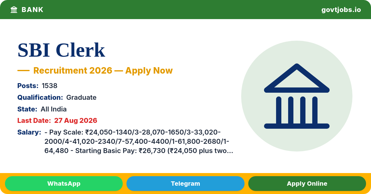 SBI Clerk (Junior Associate) Recruitment 2026 — 1538 Posts, Apply Online by 27 Aug (All India)