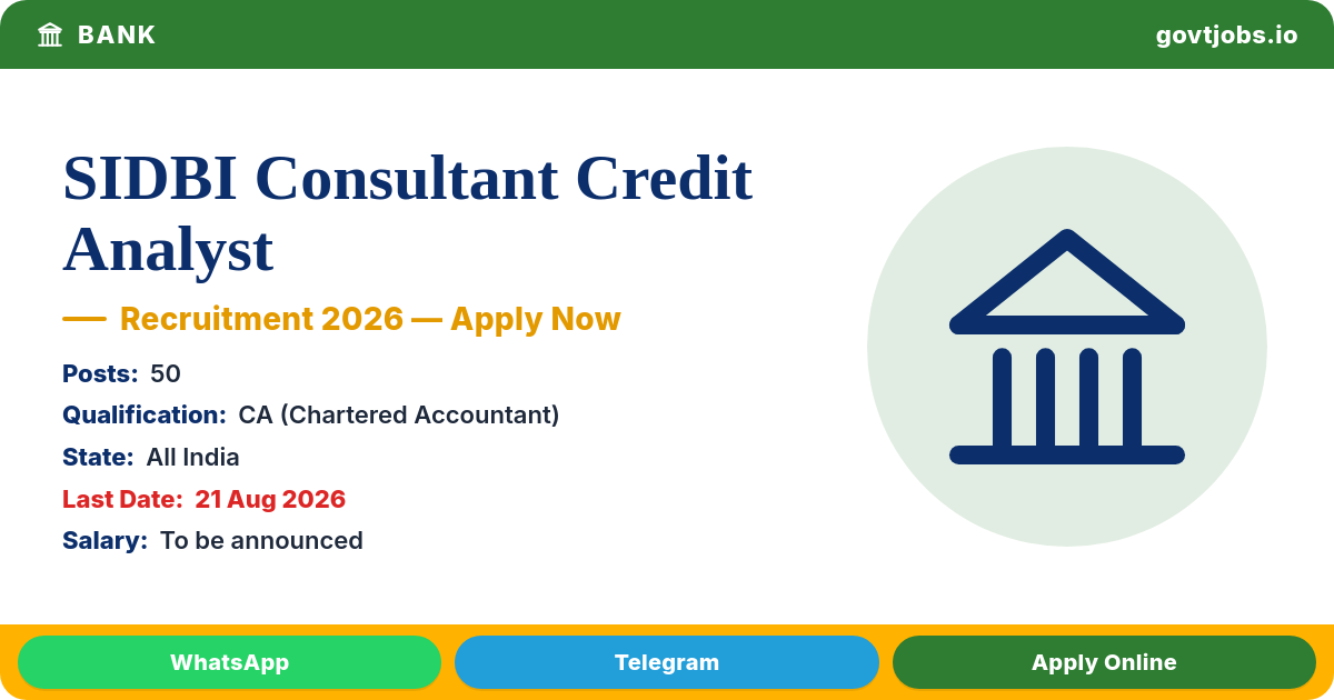 SIDBI Consultant Credit Analyst 2026 — 50 Posts, Apply by 21 Aug