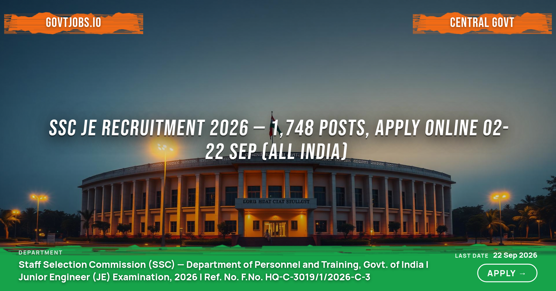 SSC JE Recruitment 2026 — 1,748 Posts, Apply Online 02-22 Sep (All India)