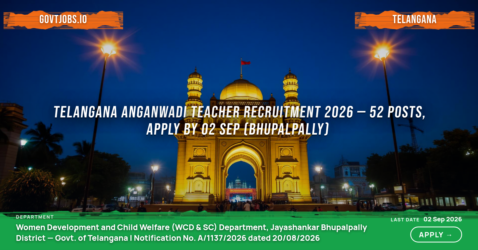 Telangana Anganwadi Teacher Recruitment 2026 — 52 Posts, Apply by 02 Sep (Bhupalpally)