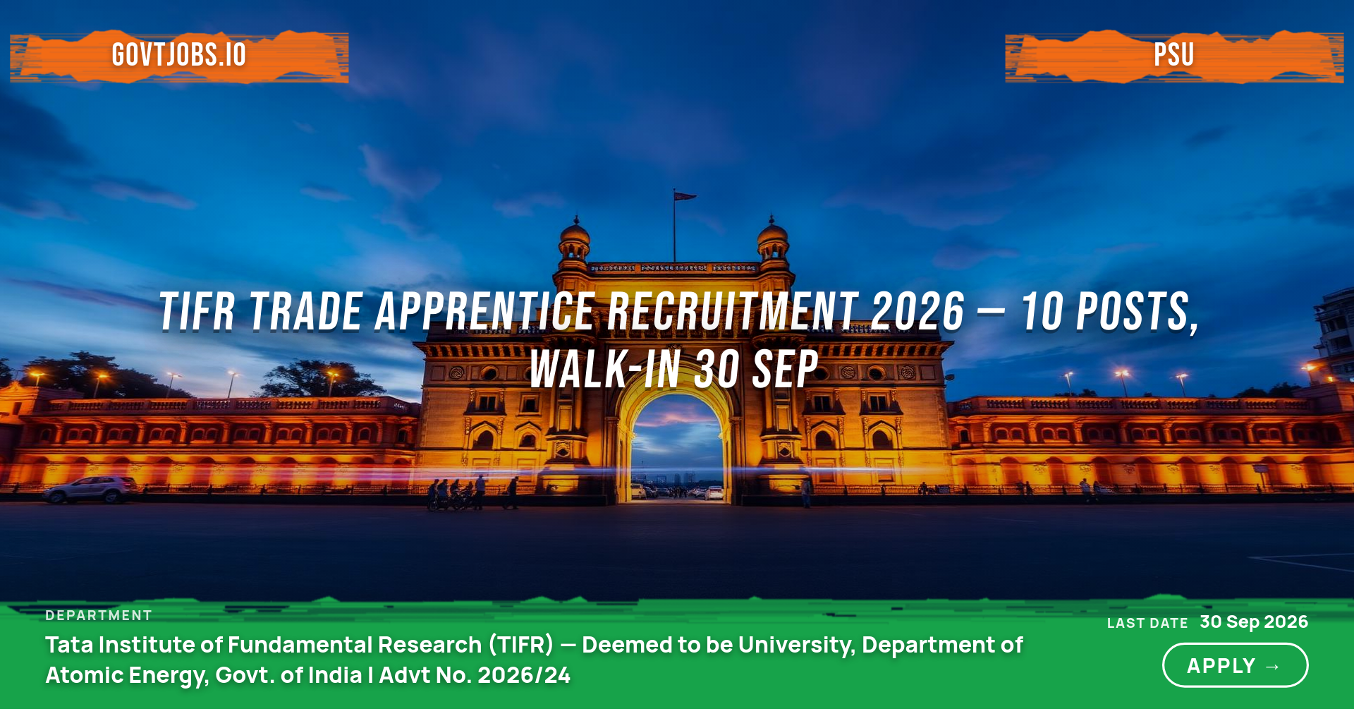 TIFR Trade Apprentice Recruitment 2026 — 10 Posts, Walk-in 30 Sep
