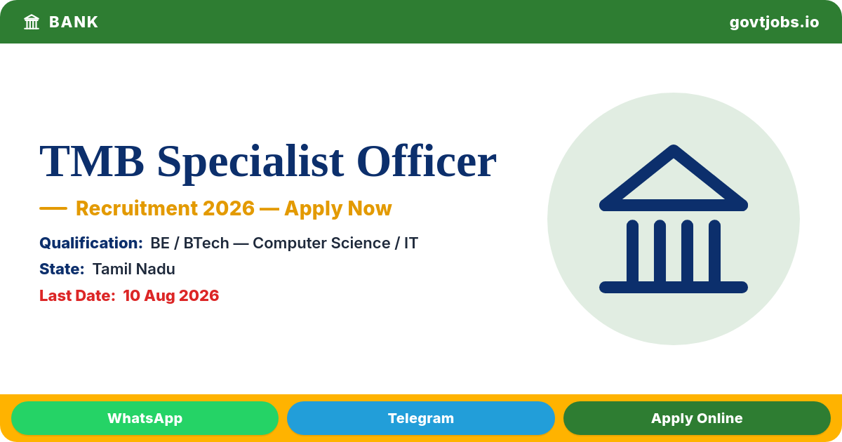 TMB Specialist Officer (IT) Recruitment 2026 — 8 Roles, Apply by 10 August (Tamil Nadu)