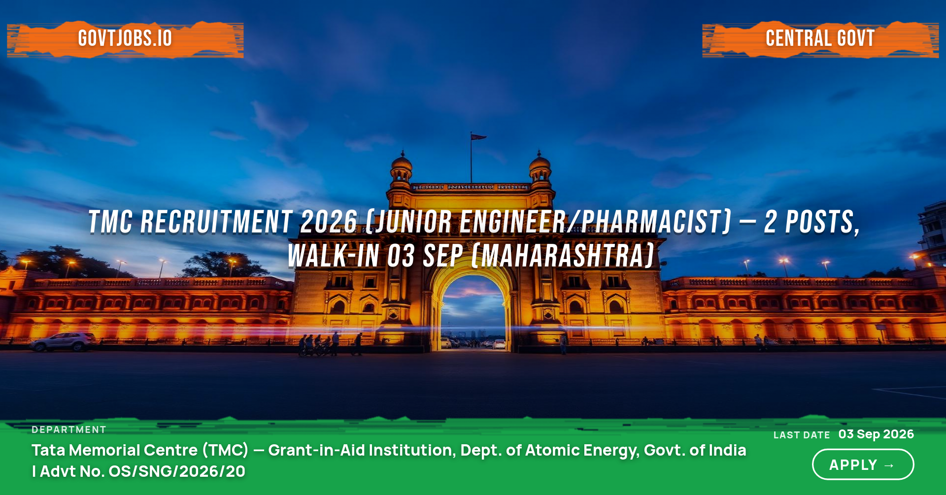 TMC Recruitment 2026 (Junior Engineer/Pharmacist) — 2 Posts, Walk-in 03 Sep (Maharashtra)