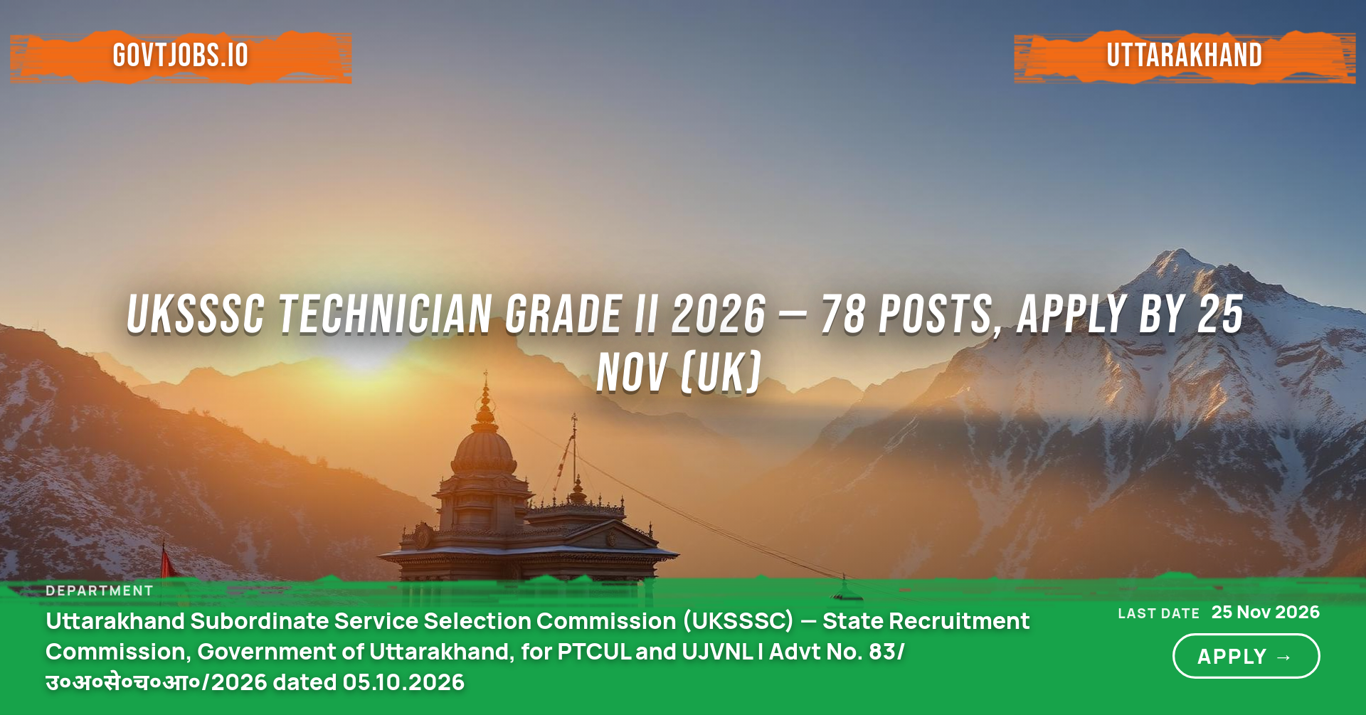 UKSSSC Technician Grade II 2026 — 78 Posts, Apply by 25 Nov (UK)