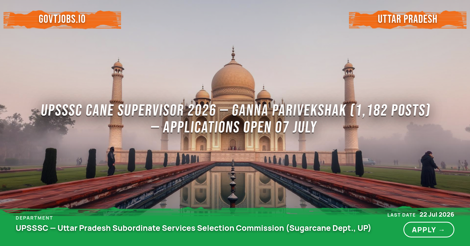 UPSSSC Cane Supervisor 2026 — Ganna Parivekshak (1,182 Posts) — Applications Open 07 July