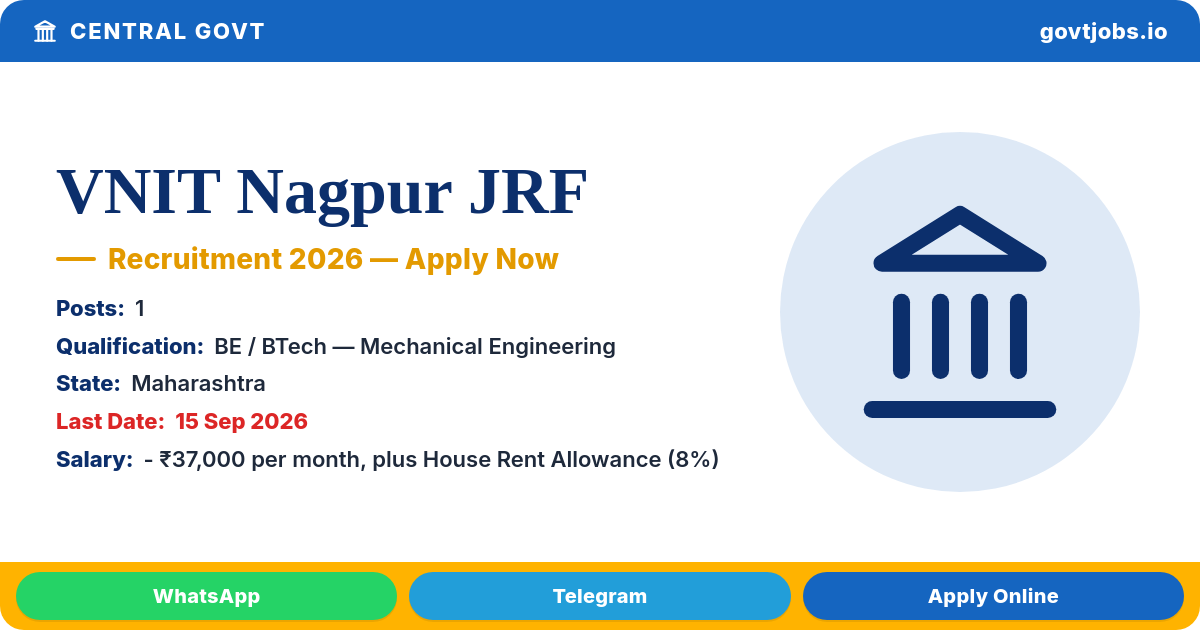 VNIT Nagpur JRF Recruitment 2026 — 1 Post, Apply by 15 Sep (Maharashtra)