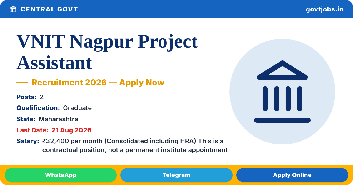 VNIT Nagpur Project Assistant 2026 — 2 Posts, Walk-in 21 Aug