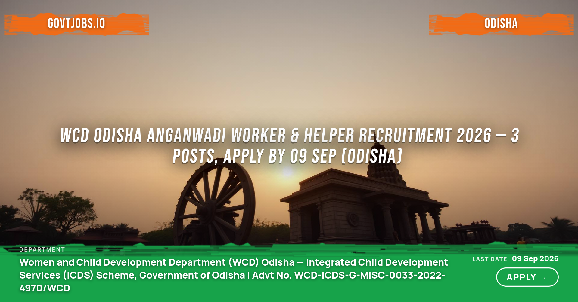 WCD Odisha Anganwadi Worker & Helper Recruitment 2026 — 3 Posts, Apply by 09 Sep (Odisha)