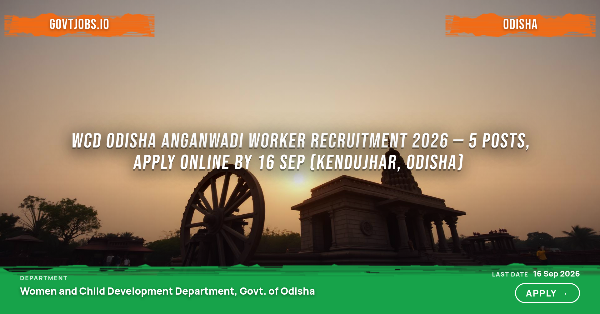 WCD Odisha Anganwadi Worker Recruitment 2026 — 5 Posts, Apply Online by 16 Sep (Kendujhar, Odisha)