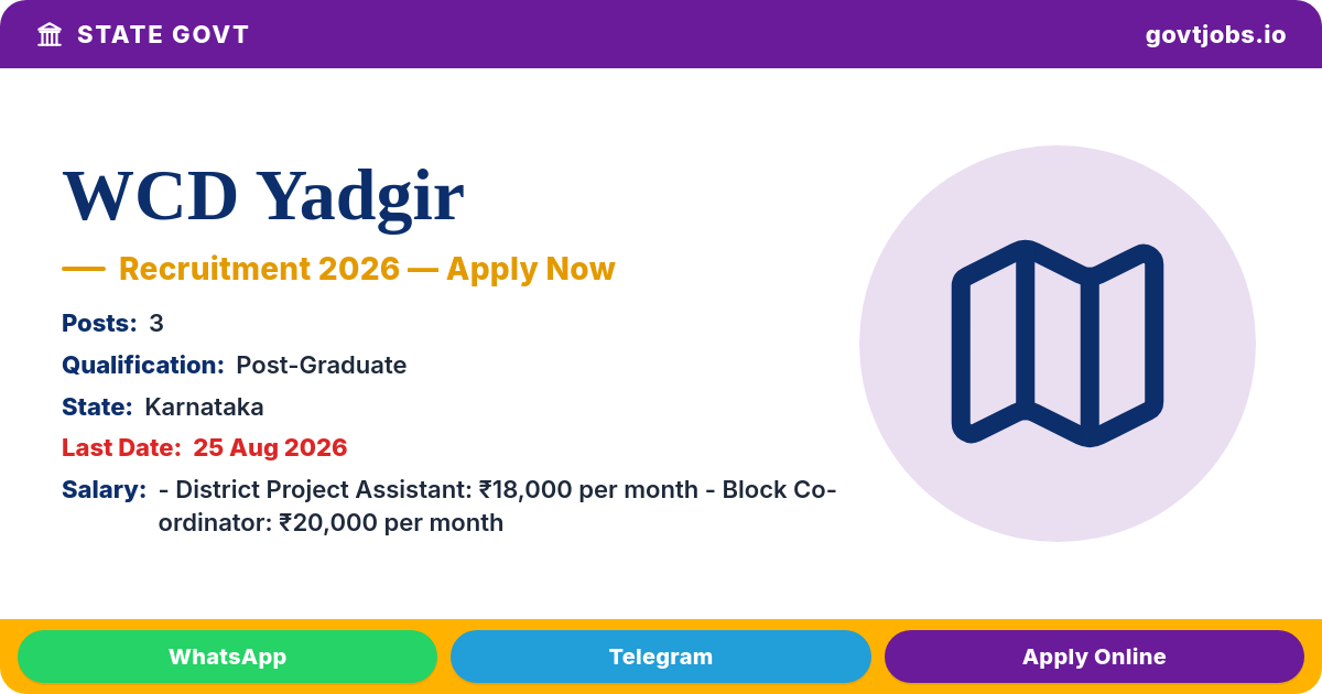WCD Yadgir Recruitment 2026 — 3 Posts, Apply Offline by 25 Aug (Karnataka)